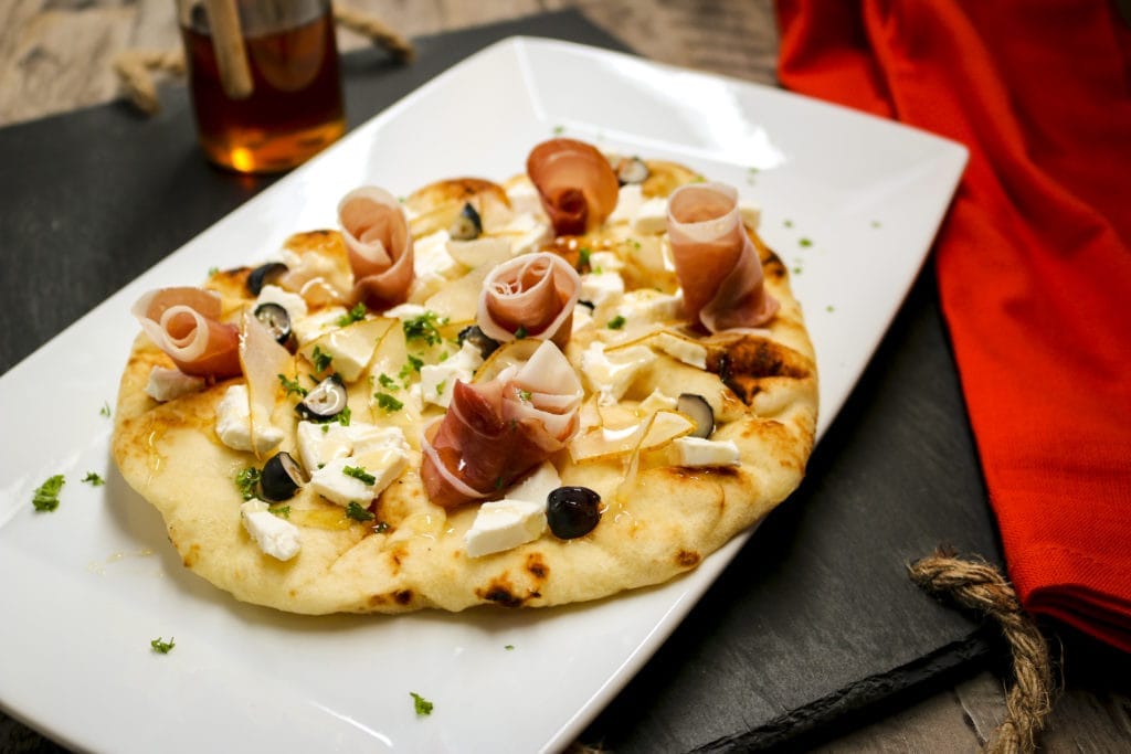 Naan with Shaved Pear and Prosciutto